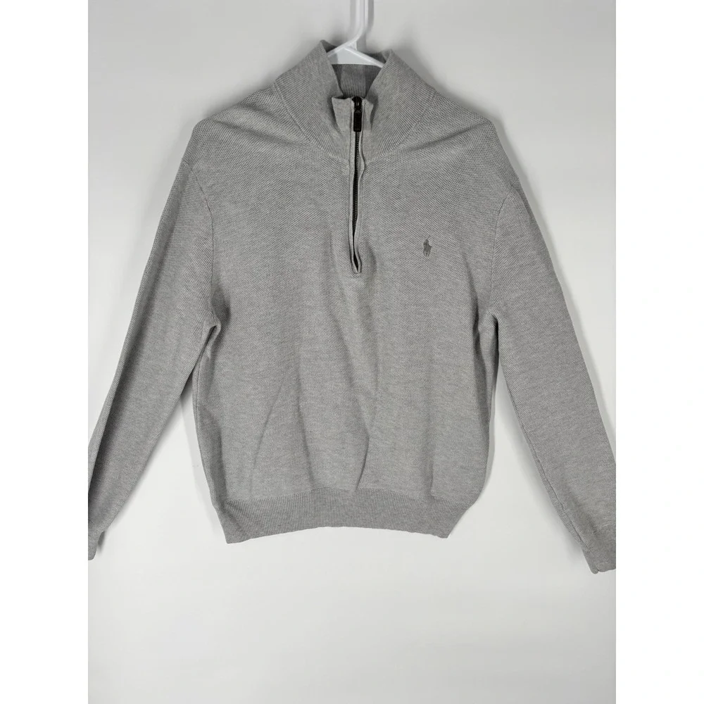 Polo Ralph Lauren Mens Mesh-Knit Cotton 1/4 Zip Sweater Cotton Sz L Logo Gray